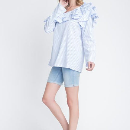 Women's One Shoulder Stripe Ruffle Top